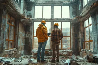 Restoration workers standing in a building undergoing renovations.