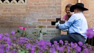 A masonry expert extracting a time capsule.