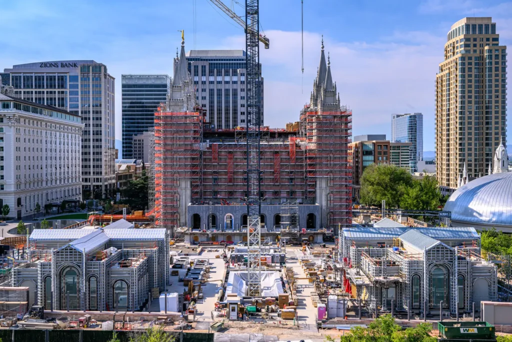 The Salt Lake City temple, currently undergoing major renovations.