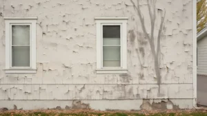 The exterior of an old house with damaged stucco