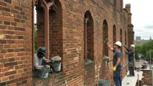 Brick Wall Restoration Workers at Historic Building