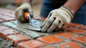 Laying orange tiles with mortar