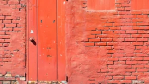 vintage industrial red brick wall background with a matching wooden door