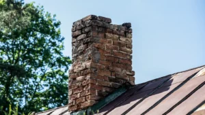 brick and stone replacement can save a chimney like the crumbling one shown here on a sheet metal roof